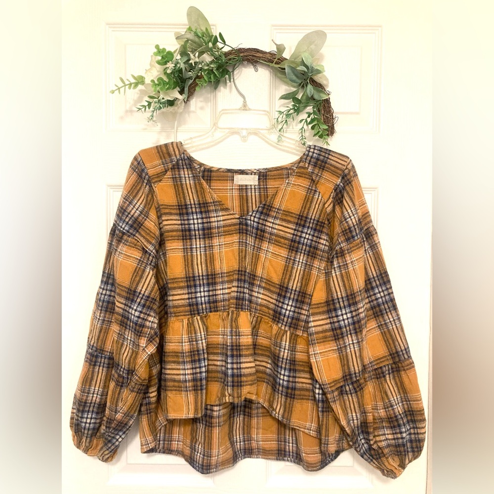 Altar’d State Plaid V-Neck Peplum Blouse L